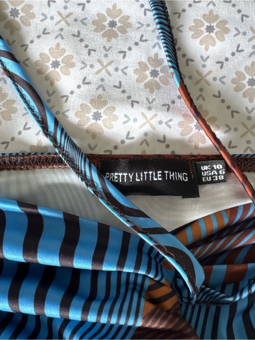 PrettyLittleThing Blue and Brown Striped Halter Dress - Picture 3 of 3